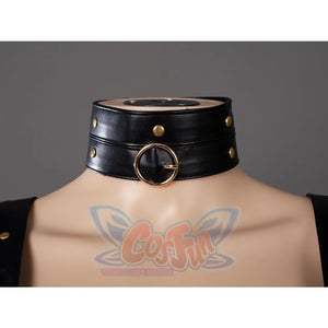 HORROR BISHOUJO Edward Scissorhands cosplay neckband centers a gold-tone ring buckle flanked by gold stud accents on black.