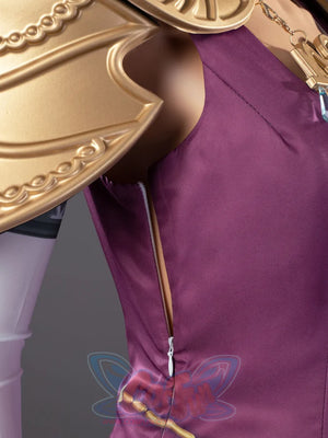 Twilight Princess Zelda cosplay dress anchors jeweled necklace above gold armor pieces beside a heart-pull zipper.