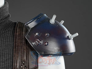Final Fantasy VII Rebirth FF7R Cloud Strife cosplay pauldron anchors industrial screws across blue and rust shoulder armor.