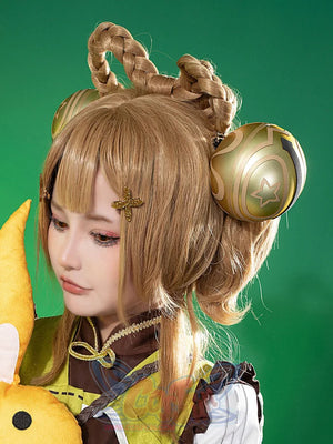 Genshin Impact Yaoyao cosplay wig traces light brown braids anchored by large patterned orb accessories.