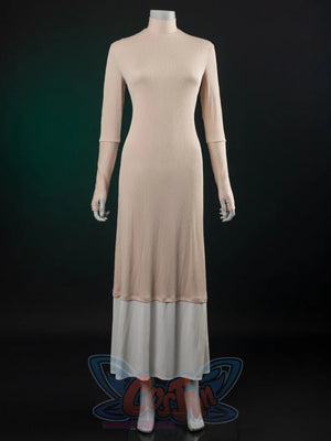 The Acolyte Mon Mothma cosplay dress centers a pink rib-textured high-collar silhouette with thumbhole sleeves and a white.