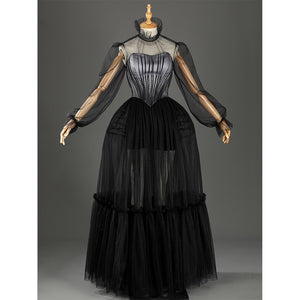 Addams black evening dress bustier detail with mesh sleeves and structured bodice