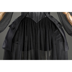 Addams black evening dress fishnet stockings and petticoat layering detail