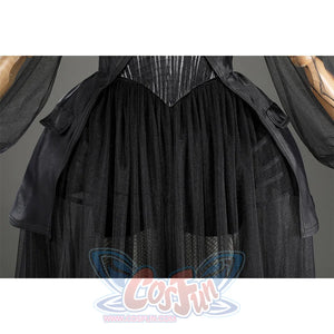 Addams black evening dress fishnet stockings and petticoat layering detail