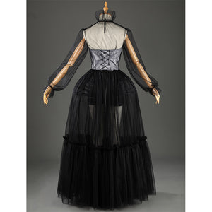 Addams black evening dress corset back lacing with mesh sleeves