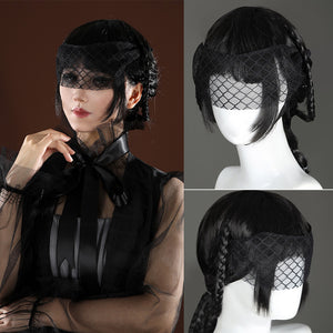 Addams black evening dress styled wig with birdcage veil and braided detail