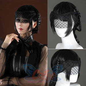 Addams black evening dress styled wig with birdcage veil and braided detail