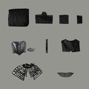 Addams black evening dress costume pieces layout showing all included items