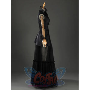Addams black evening dress with arms raised showcasing full silhouette and sleeves