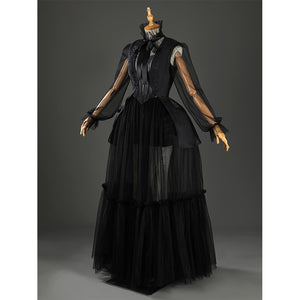Addams black evening dress full-length view on mannequin with mesh sleeves