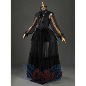Addams black evening dress full-length view on mannequin with mesh sleeves