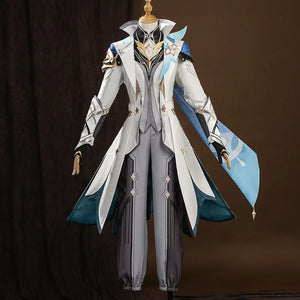 Genshin Impact Aether cosplay costume on mannequin, full set with white coat, teal details, and grey pants