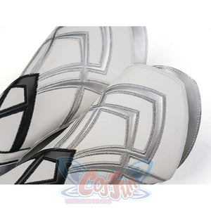 Pair of silver arm bracers from Aether cosplay costume showing geometric square pattern embossed on silver leather