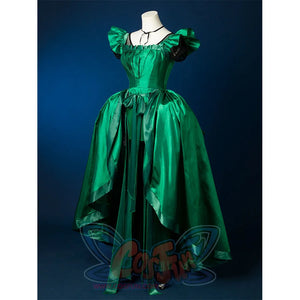 Agnes DeMille cosplay costume green satin gown with puff sleeves and asymmetrical hemline full view