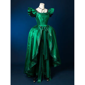 Agnes DeMille cosplay costume size view showing green satin gown with ruffled sleeves and waist sash