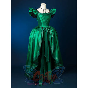 Agnes DeMille cosplay costume size view showing green satin gown with ruffled sleeves and waist sash