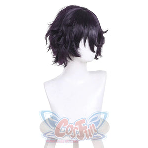 Back side view of Agott cosplay wig with short black purple wavy hair displayed on mannequin