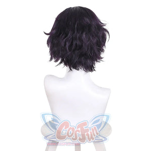 Back view of Witch Hat Atelier Agott cosplay wig with short black purple wavy hair