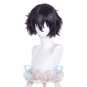 Front view of Agott cosplay wig with short black purple wavy hair on a mannequin stand