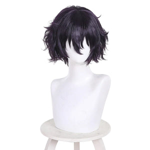 Witch Hat Atelier Agott cosplay wig featuring short black purple wavy hair on a mannequin