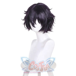 Side profile of Agott cosplay wig with short black purple wavy hair on a mannequin