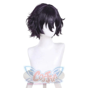 Left back view of Agott cosplay wig with short black purple textured wavy hair on mannequin
