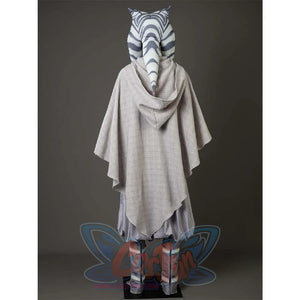 Focuses on the back of Ahsoka Tano’s gray hooded cloak, showcasing its texture, shape, and how it layers over the pants.