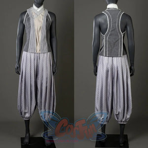 Displays a mannequin wearing Ahsoka Tano’s white - accented gray vest and pants, showcasing front layering and back design.