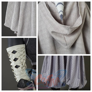Shows close-ups of Ahsoka Tano’s gray hooded cloak, white arm wraps, and patterned gray pants, highlighting fabric textures and design.