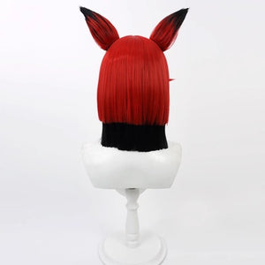Hazbin Hotel Alastor cosplay wig, short red hair with black fox ears, back view on mannequin