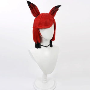 Hazbin Hotel Alastor cosplay wig, short red hair with black fox ears, top view on mannequin
