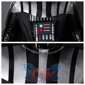 This picture shows the details of the chest and neck of the Anakin Skywalker cosplay costume, with a black and silver color scheme, and the chest is decorated with a control panel-like design, showing a unique version.