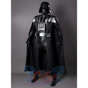 The back of the costume displays a black cape with reinforced stitching, a tailored bodysuit with a contoured fit, and subtle silver piping along the seams.