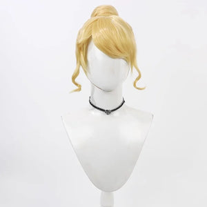 Anime Cinderella Cosplay Wig's hairstyle is a high golden bun with side bangs and small curly hair strands on both sides, which adds some playfulness.