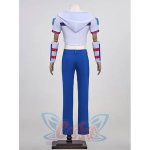 Anime Johnny Joestar Cosplay Costume, white hood T-shirt and deep blue pants, back view.