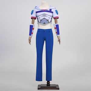 Anime Johnny Joestar Cosplay Costume, white and deep blue outfit, front view.