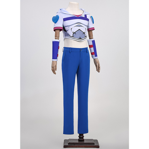 Anime Johnny Joestar Cosplay Costume, white and deep blue outfit with heart props on both shoulder, left side view.
