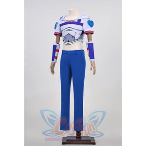 Anime Johnny Joestar Cosplay Costume, white and deep blue outfit with heart props on both shoulder.