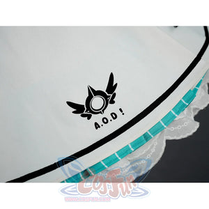 Close-up of A.O.D. winged logo on Aria cosplay costume white skirt with teal lace trim.