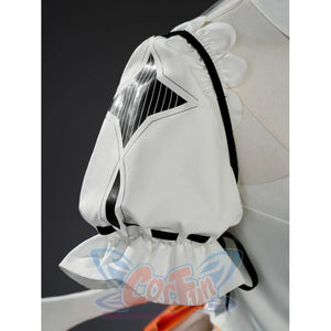 Close-up of Aria cosplay costume arm sleeve with transparent geometric panel and white glove.