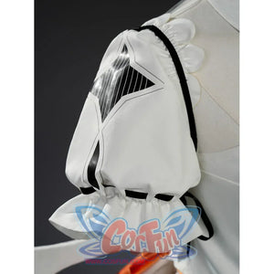Close-up of Aria cosplay costume arm sleeve with transparent geometric panel and white glove.