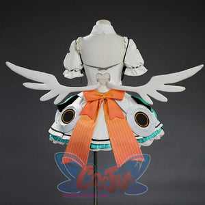Zenless Zone Zero Aria cosplay costume centers a orange pinstriped bow anchored above mechanical white wings at the back.