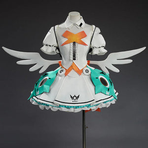 Front view of Aria cosplay costume on mannequin, white dress with orange X, teal armor skirt and white wings.