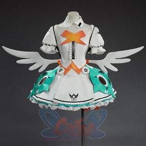 Zenless Zone Zero Aria cosplay costume balances a white dress against teal armor skirt props and back wing accents.