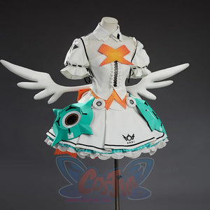 Front view of Aria cosplay costume highlighting teal armor panels with circular speakers and orange X emblem.