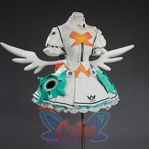 Front view of Aria cosplay costume highlighting teal armor panels with circular speakers and orange X emblem.