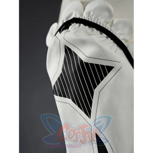 Close-up of Aria cosplay costume white glove with black geometric diamond panel and striped detail.