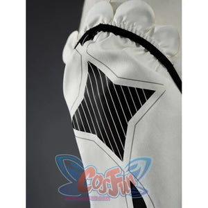 Close-up of Aria cosplay costume white glove with black geometric diamond panel and striped detail.