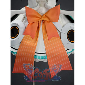 Zenless Zone Zero Aria cosplay back view anchors a large orange striped bow beside segmented white shoulder armor pieces.