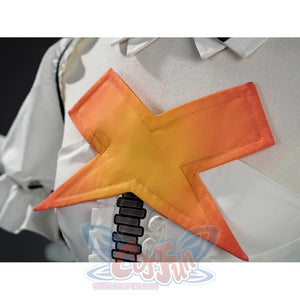Close-up of the orange X emblem on Aria cosplay costume chest panel with black zipper below.